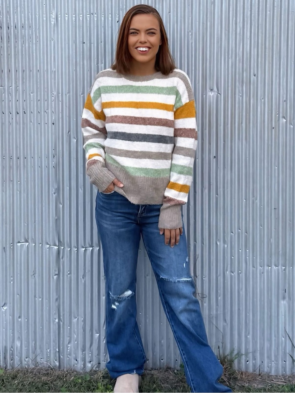 Adora Women’s Striped Knit Sweater Long Sleeve Cozy Pullover